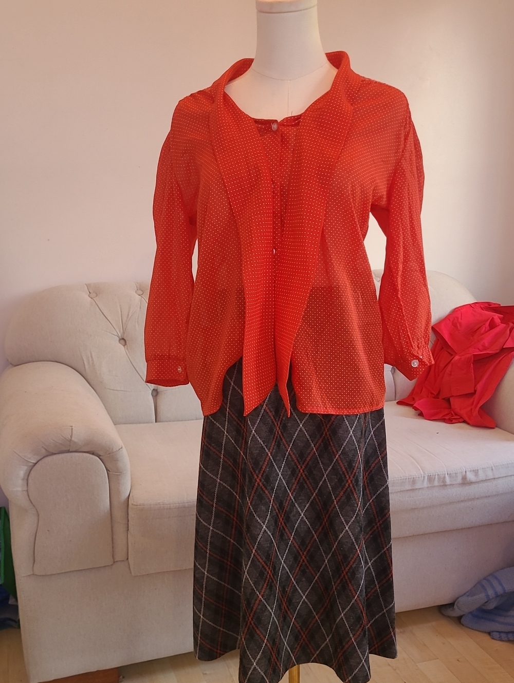 Red Polka Dot Long-Sleeve Women's Blouse W Bow Tie Neckline Scarf